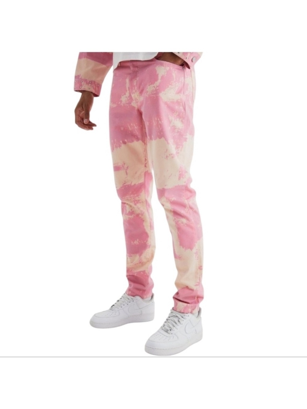 Boohoo Mens Pink and Cream Tie-Dye Gussett jeans, slim, rigid bleached pink NWT